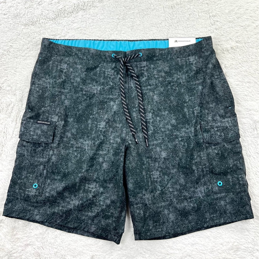 NEW Zeroxposur Swim Trunks Men's XXL Black Spray Stretch Comfort Liner UPF‎ 50+